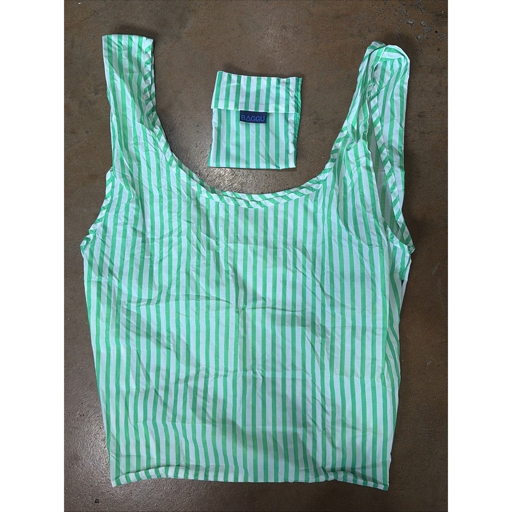 BAGGU Standard Size Green/White Striped Ripstop Nylon Reusable Tote Bag + Pouch